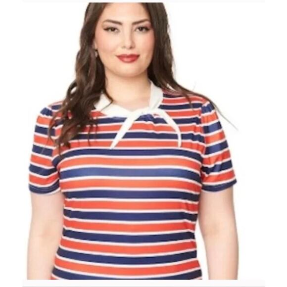 Unique Vintage Short Sleeve Tie Neck Sweetie Knit Top Striped RetroSz 1X #26 - Picture 2 of 3